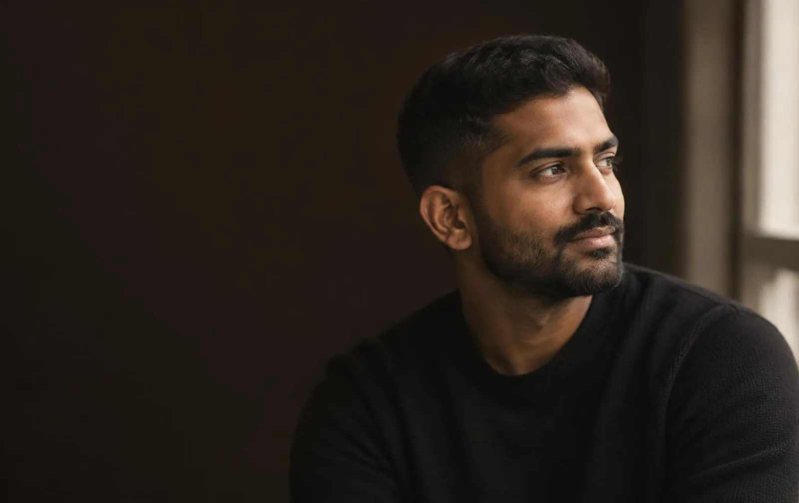 Editorial portrait of a man with short natural hair